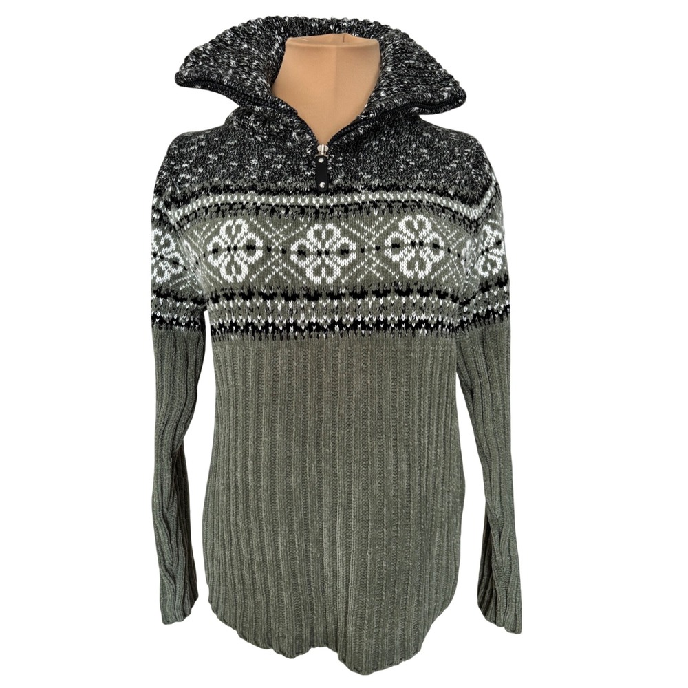 Carolyn Taylor‎ Essentials Womens Nordic Quater Zip Sweater Green Gray Medium